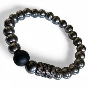 NEW Hematite 8mm Beaded Stretch Bracelet Black Onyx Pave Filigree Spacer